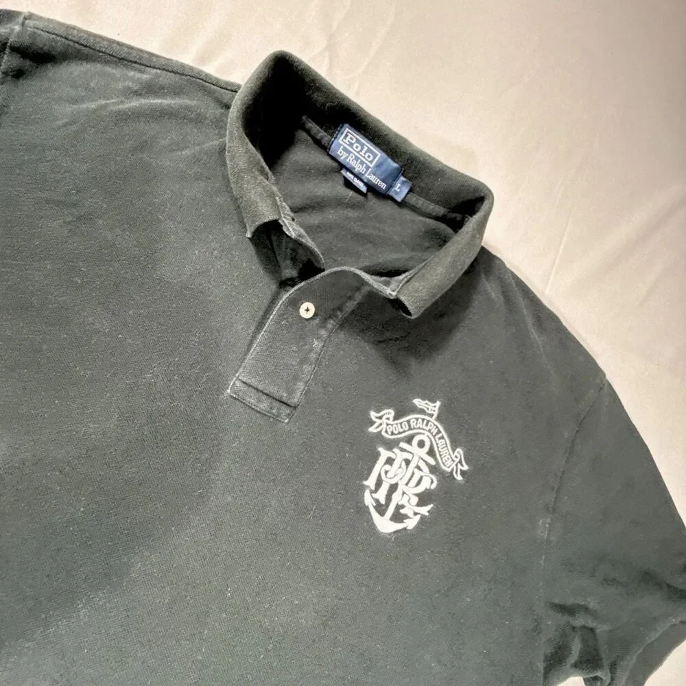 Vintage Polo Ralph Lauren SS Polo Shirt Mens Size Large Black Nautical Crest Y2K